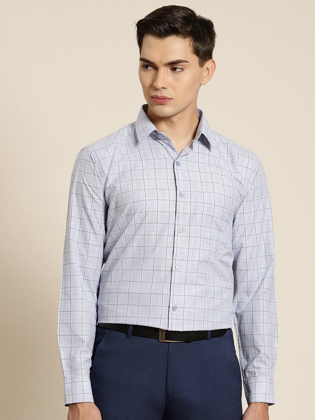 Men Sky Checks Cotton Rich Slim Fit Formal Shirt
