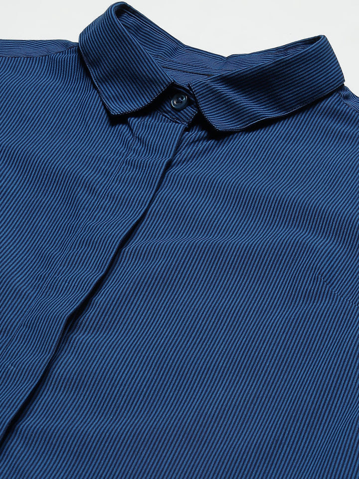 Women Blue & Navy Pin Striped Cotton Slim Fit Formal Shirt