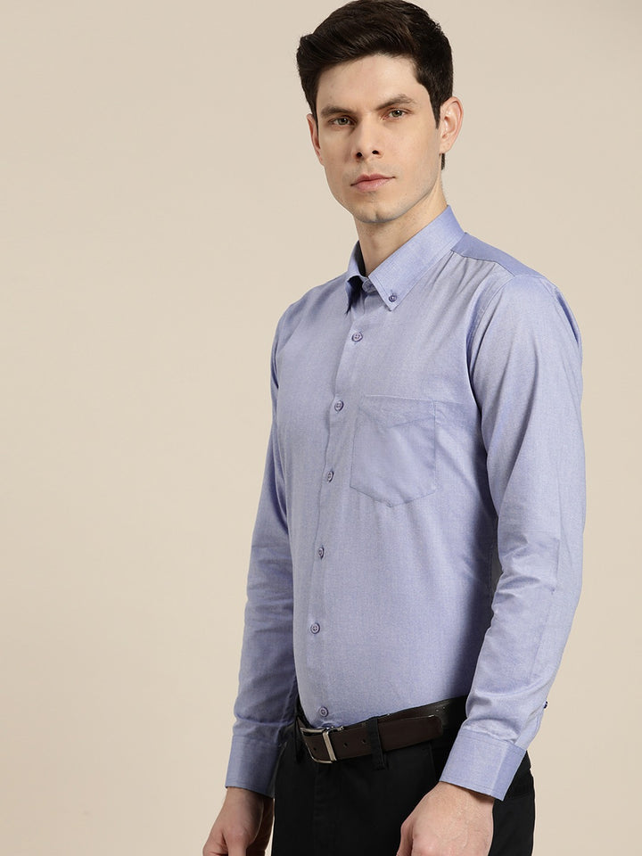 Men Sky Solid Chambray Button Down Collar Slim Fit Formal Shirt