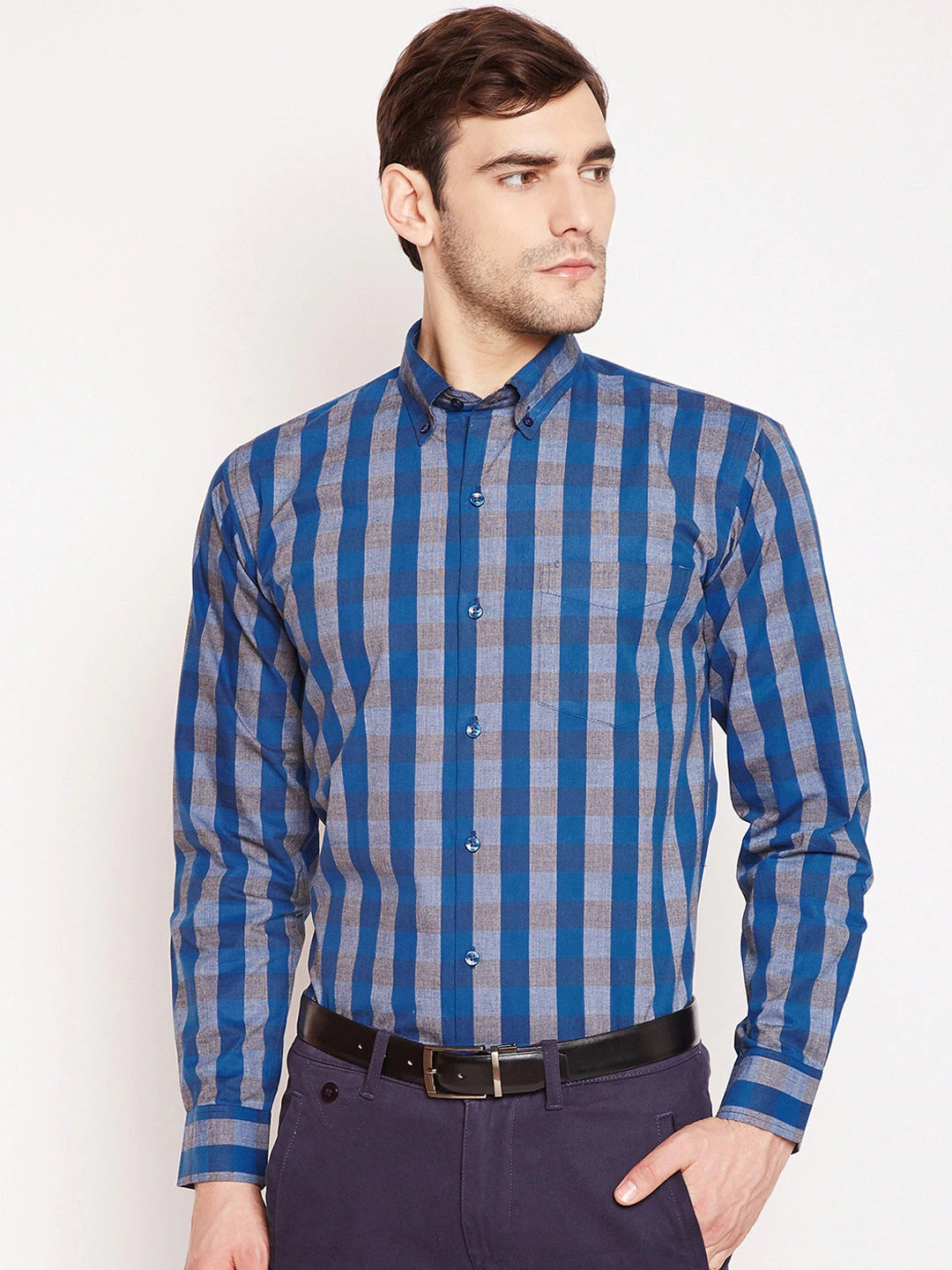 Men blue Checks Pure Cotton Slim Fit Formal Shirt