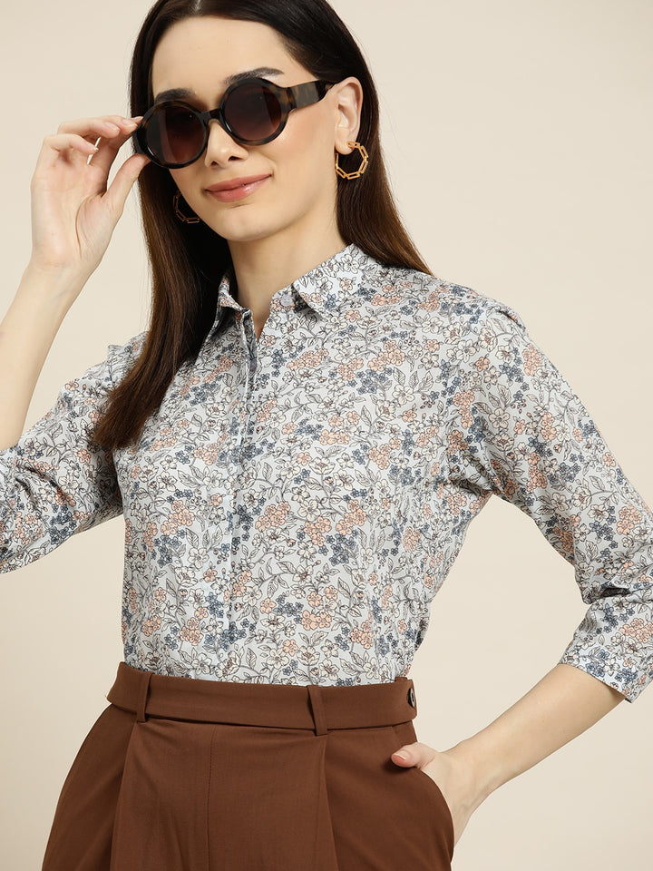 Women Grey Prints Pure Cotton Slim Fit Formal Shirt