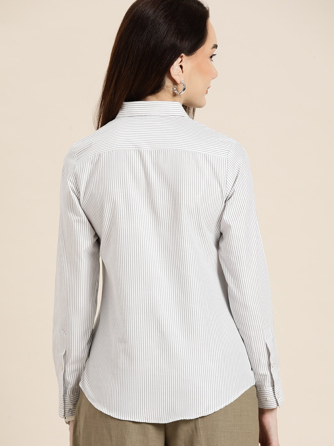 Women White & Black Striped Cotton Rich Slim Fit Formal Shirt