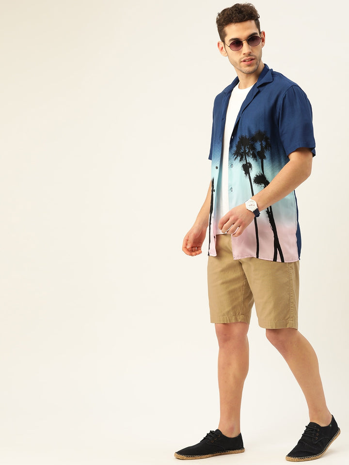 Men Navy & Pink Printed Viscose Rayon Relaxed Fit Casual Resort Shirt