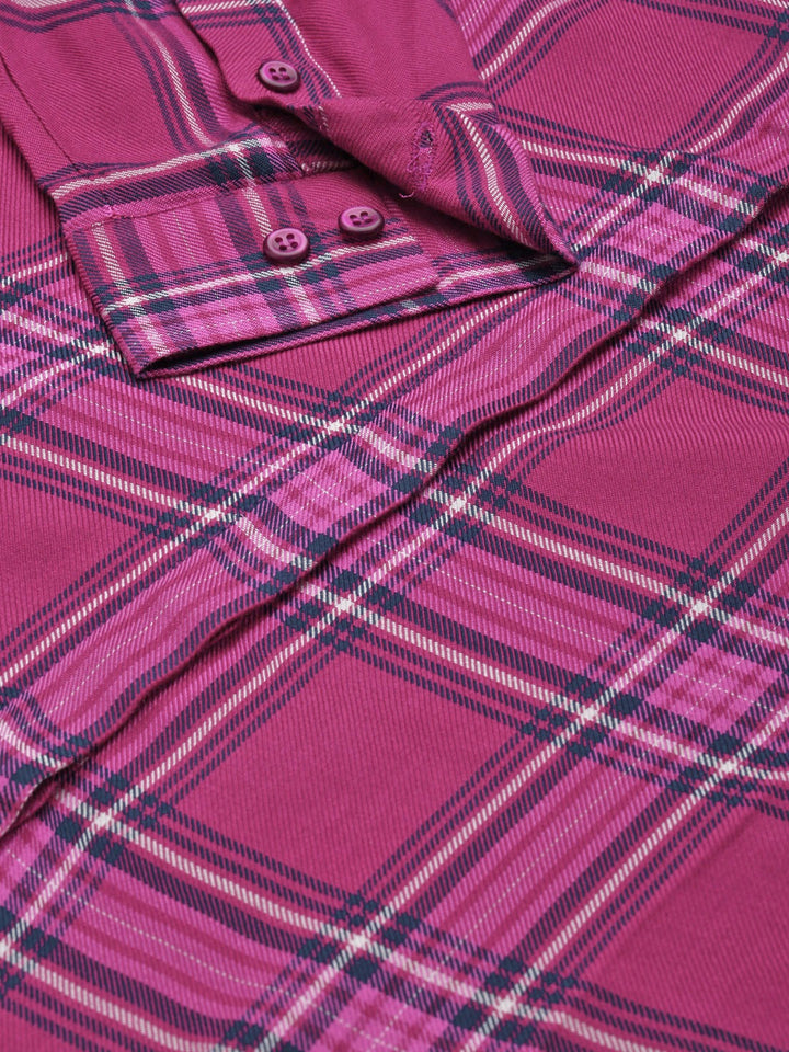 Women Magenta Checks Viscose Rayon Slim Fit Formal Shirt