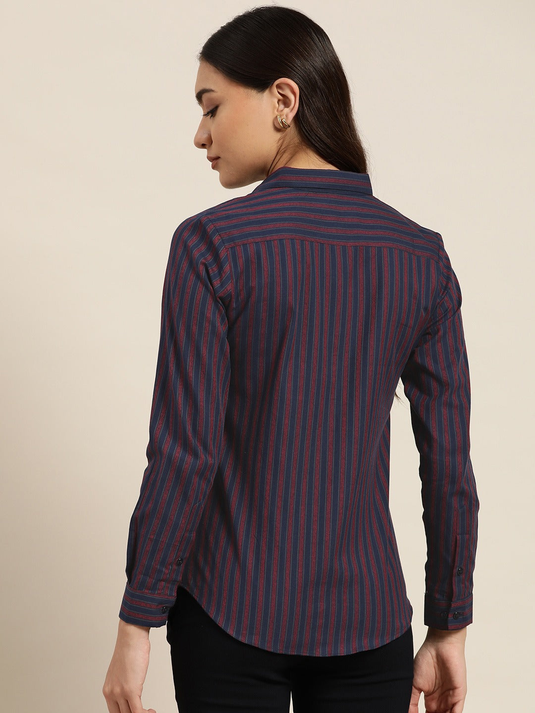 Women Navy Stripes Pure Cotton Slim Fit Formal Shirt