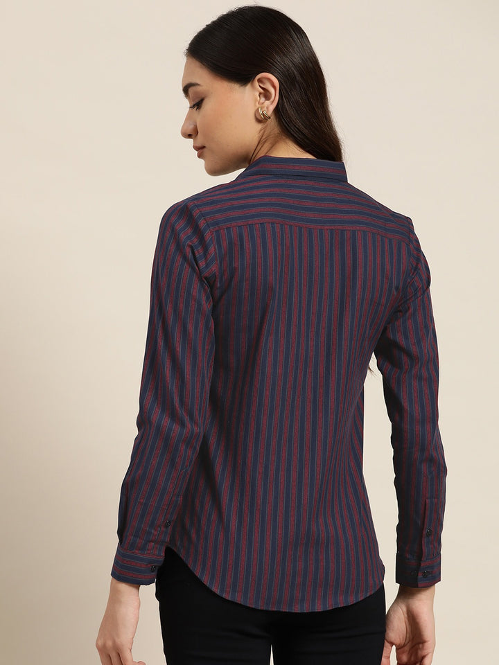Women Navy Stripes Pure Cotton Slim Fit Formal Shirt