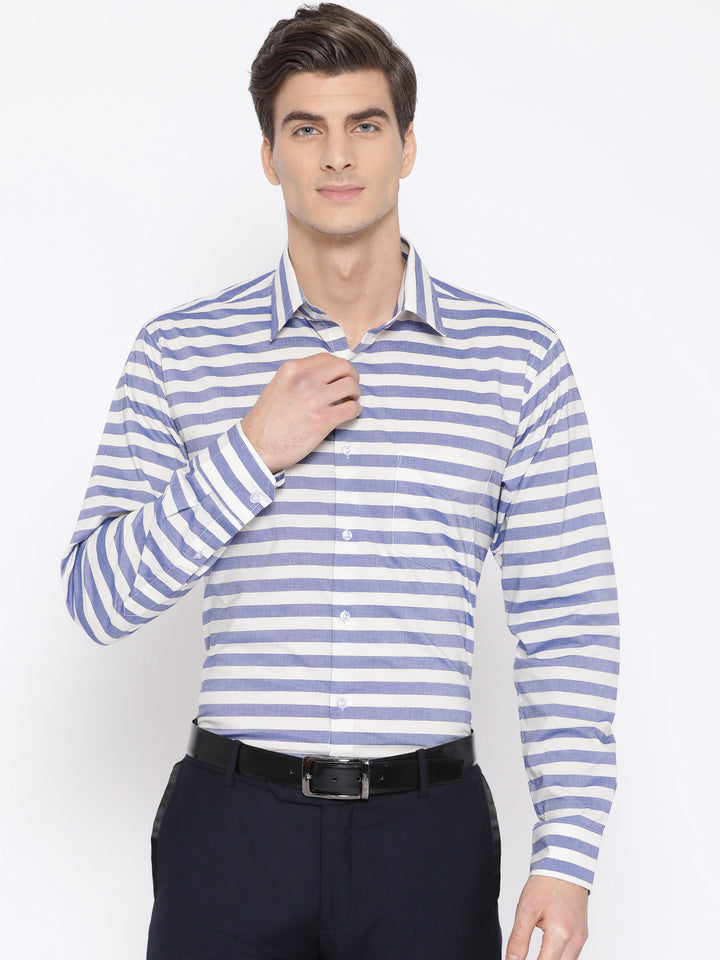 Men Blue & White Pure Cotton Striped Slim Fit Formal Shirt