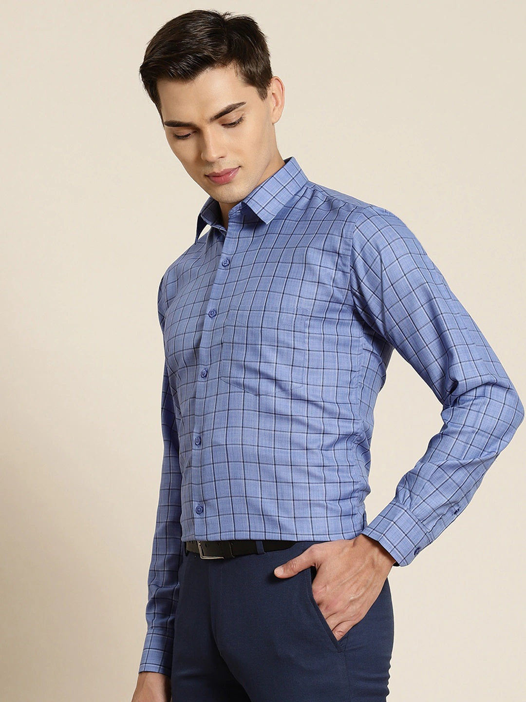Men Blue Checks Cotton Rich Slim Fit Formal Shirt