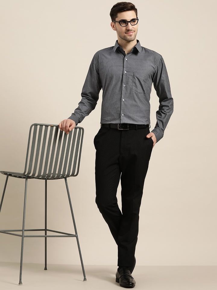 Men Grey Stripes Pure Cotton Slim Fit Formal Shirt