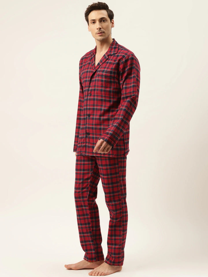 Men Red & Navy Checks Pure Cotton Regular Fit Night Wear Night Suit