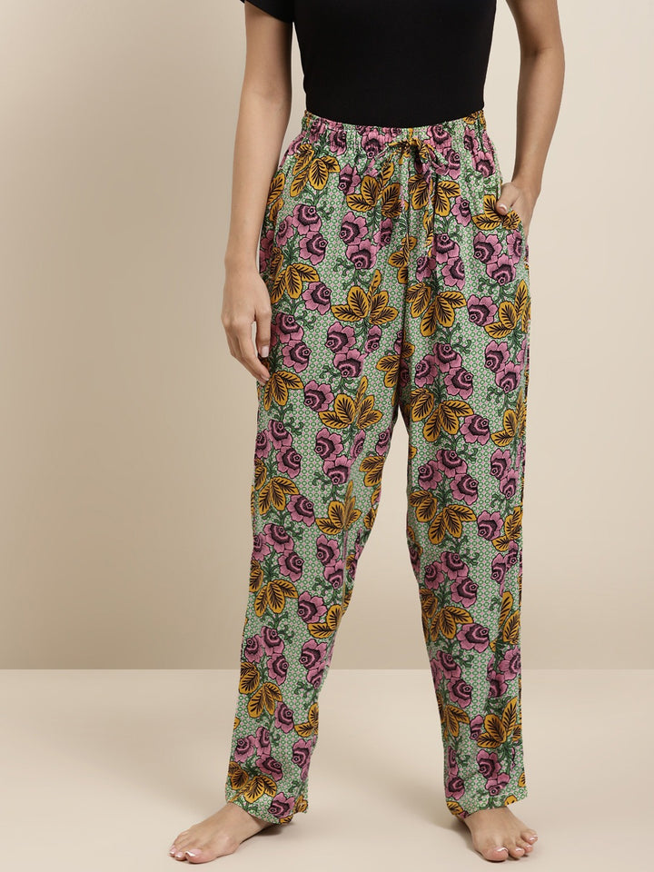 Women Green-Yellow Prints Viscose Rayon Relaxed Fit Casual Lounge Pant