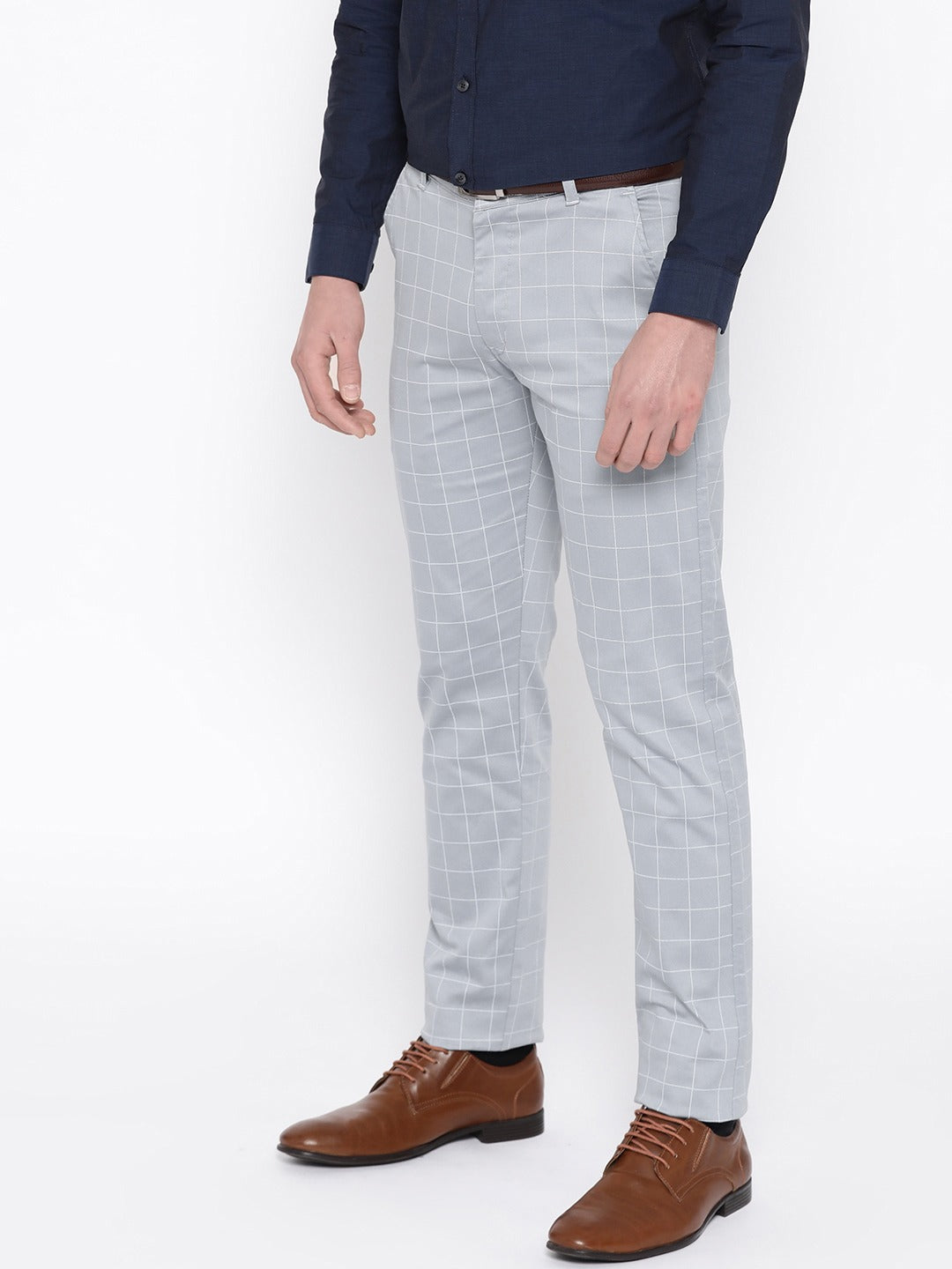 Men Light Grey Checked Cotton Stretch Slim Fit Formal Trouser