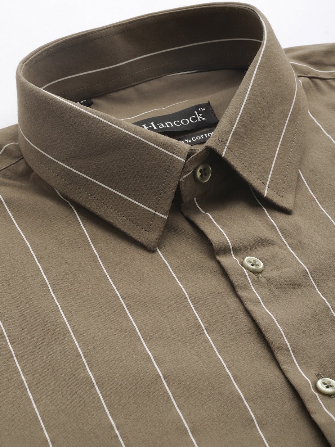 Men Olive Stripes Pure Cotton Slim Fit Formal Shirt