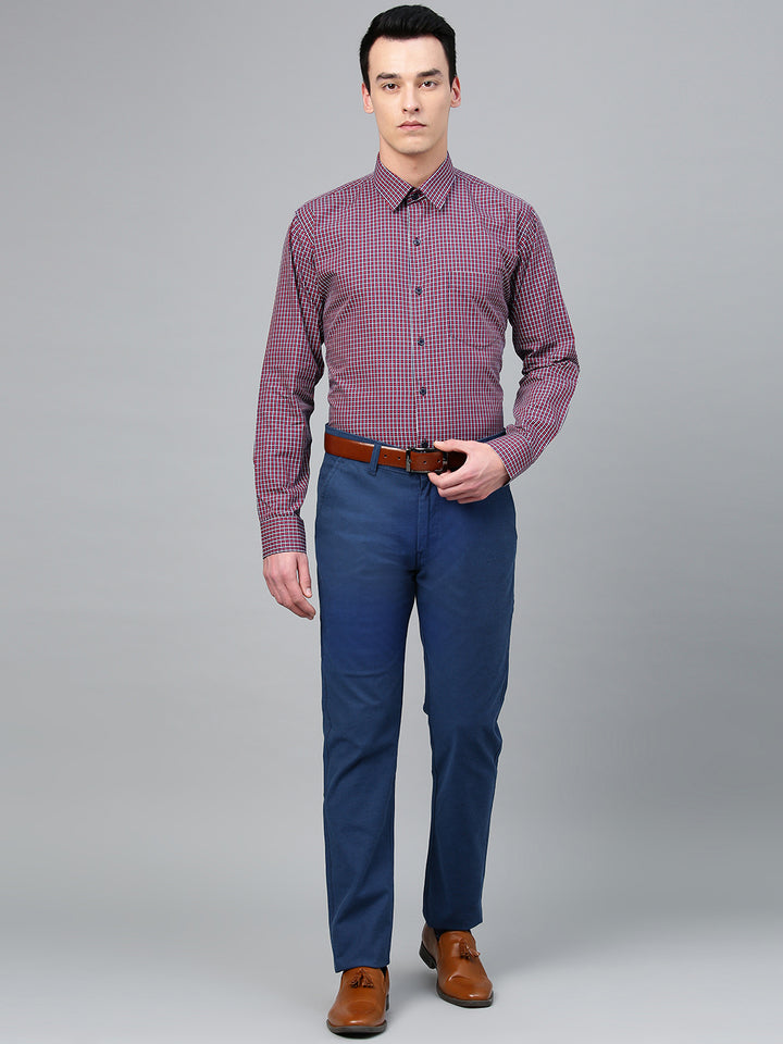 Men Navy & Red Pure Cotton Checked Slim Fit Formal Shirt