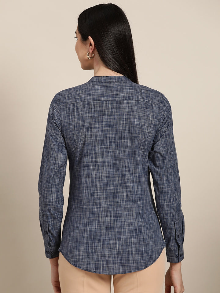 Women Navy Solids Pure Cotton Slim Fit Formal Top