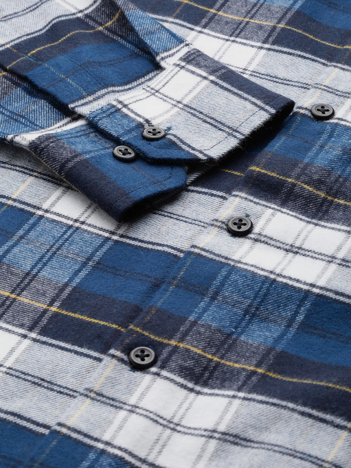 Men Navy & White Checks Pure Cotton Slim Fit Formal Shirt