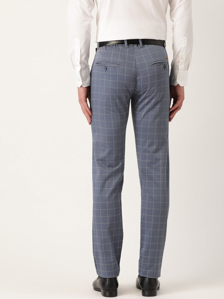 Men New Blue Checks Cotton Elastene Slim Fit Formal Trouser