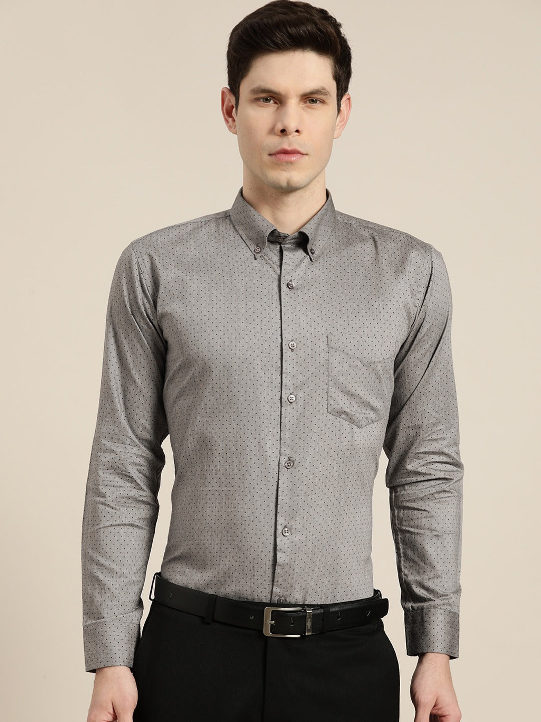 Men Grey Chambray Polka Micro Dot Print Cotton Rich Slim Fit Formal Shirt