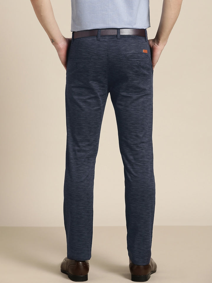 Men Navy Solids Cotton Elastene Slim Fit Formal Trouser