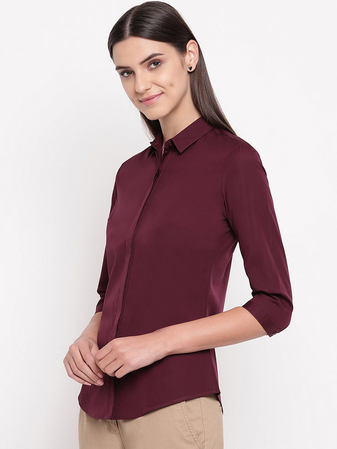 Women Wine Pure Cotton Solid Slim Fit Formal Shirt