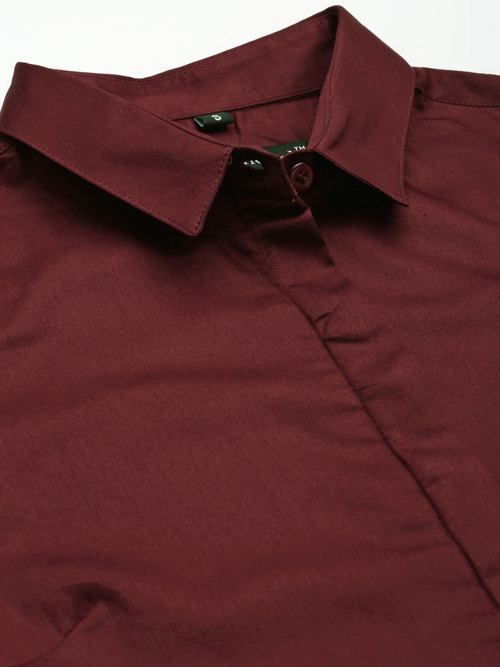 Women Maroon Solid Pure Cotton Satin Slim Fit Formal Shirt