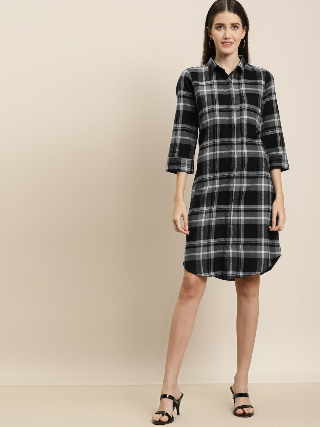 Women Grey & Black Checks Pure Cotton Regular Fit Formal Dress