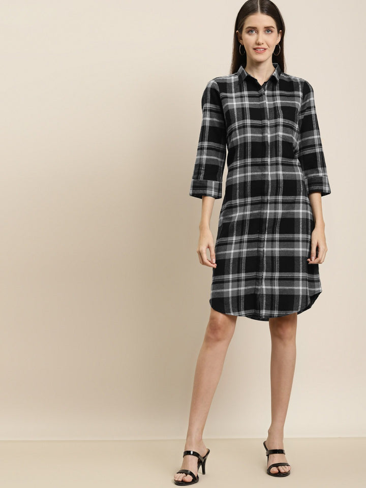 Women Grey & Black Checks Pure Cotton Regular Fit Formal Dress