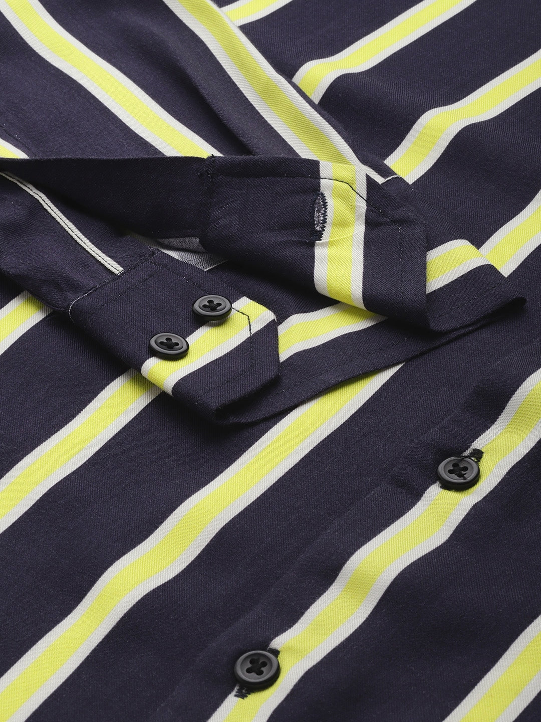 Men Navy & Yellow Striped Viscose Rayon Slim Fit Casual Shirt