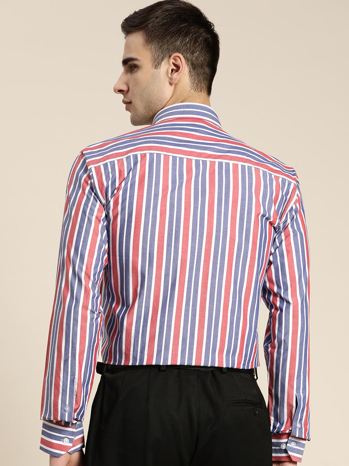Men Blue & Red Stripes Pure Cotton Slim Fit Formal Shirt