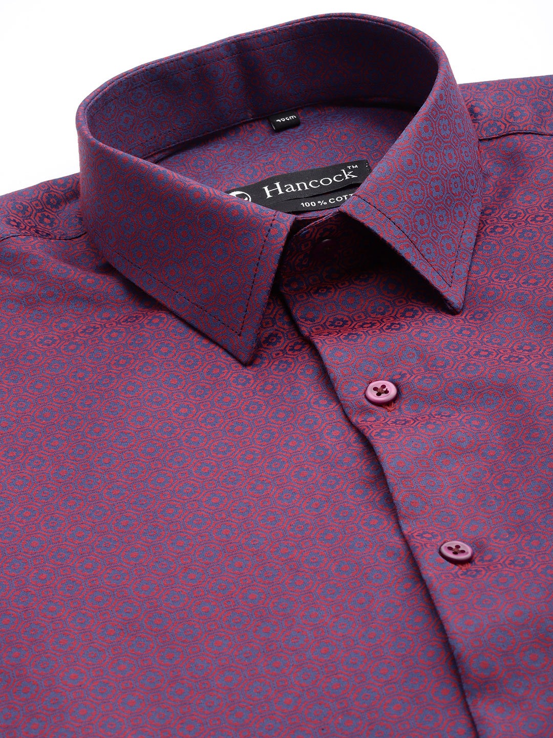 Men Maroon & Navy Solid Self Design Dobbys Pure Cotton Slim Fit Formal Shirt