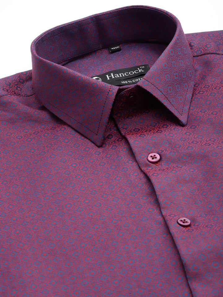 Men Maroon & Navy Solid Self Design Dobbys Pure Cotton Slim Fit Formal Shirt