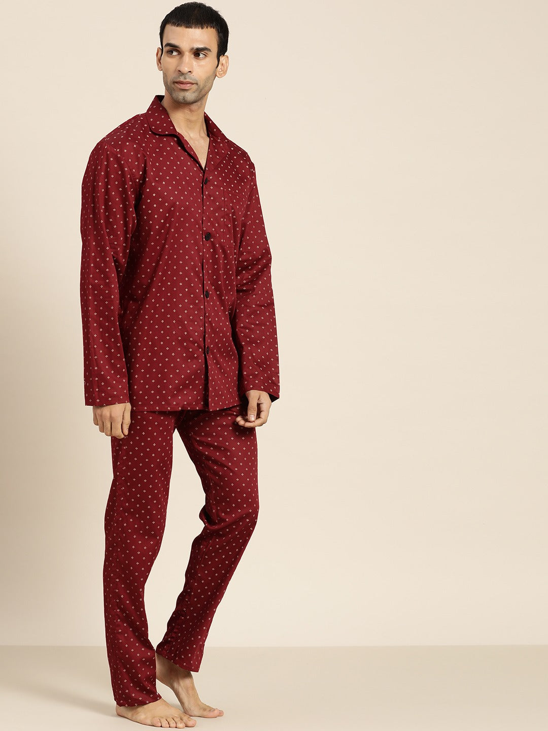 Men Maroon Prints Pure Cotton Regular Fit Night Wear Night Suit