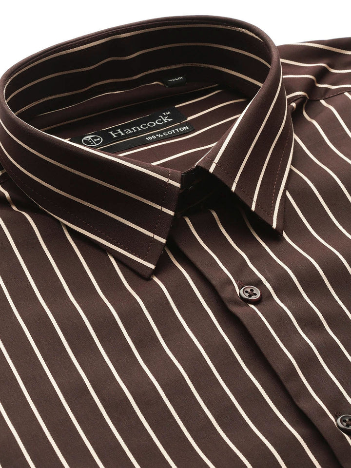 Men Brown Stripes Pure Cotton Slim Fit Formal Shirt