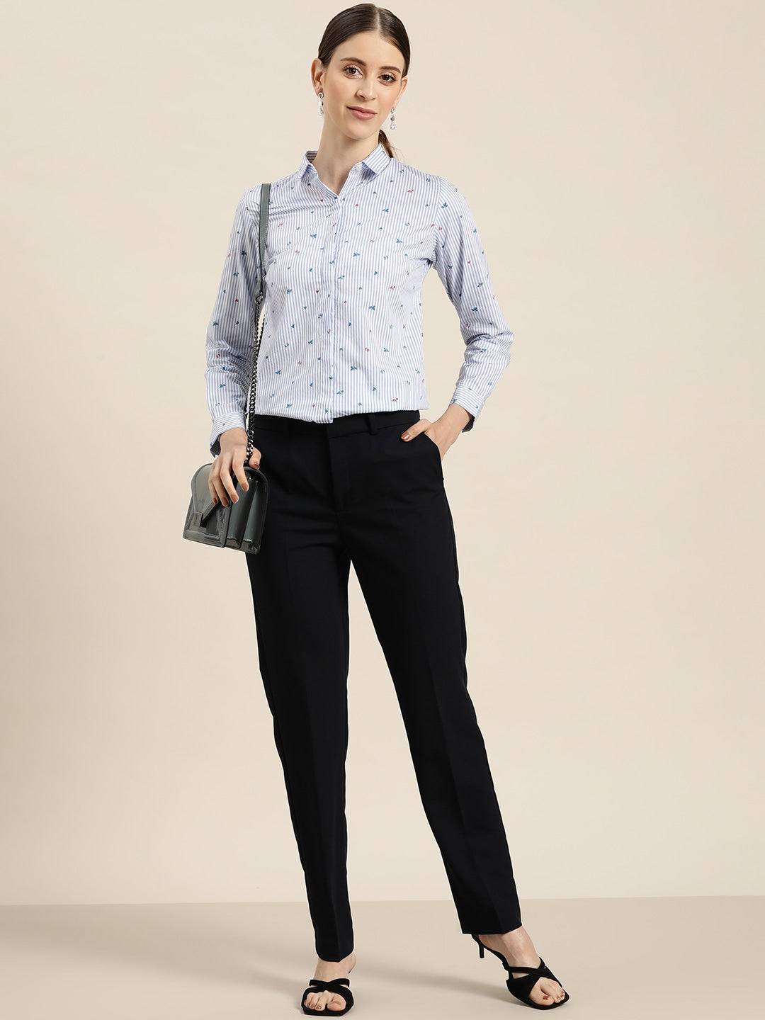 Women White & Blue Stripes Pure Cotton Slim Fit Formal Shirt