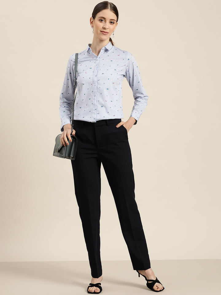 Women White & Blue Stripes Pure Cotton Slim Fit Formal Shirt