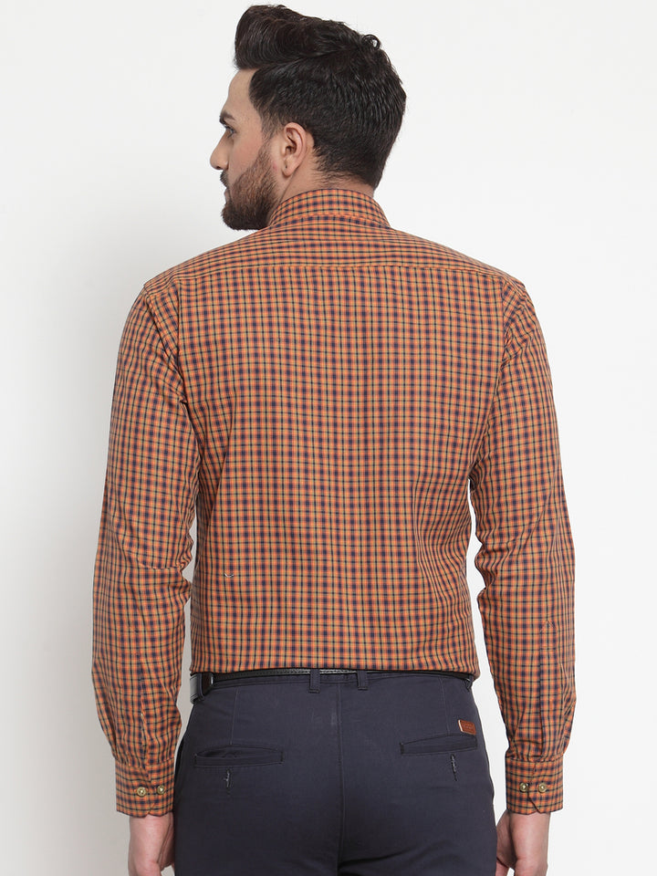 Men Mustard & Navy Pure Cotton Checked Slim Fit Formal Shirt
