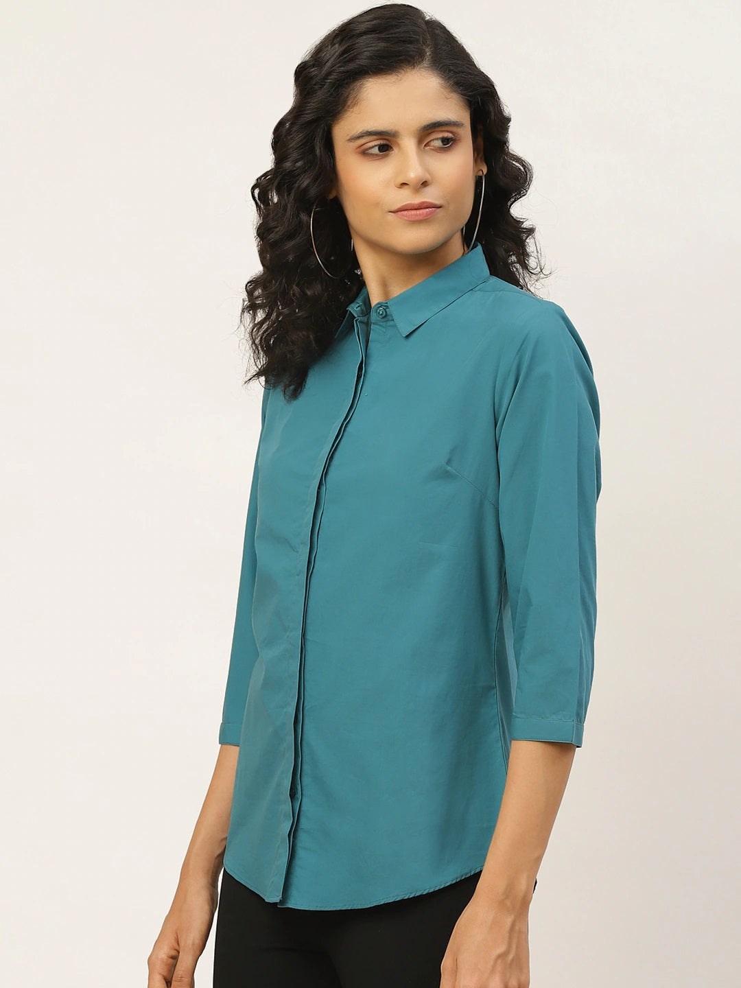 Women Turquoise Blue Solids Pure Cotton Slim Fit Formal Shirt