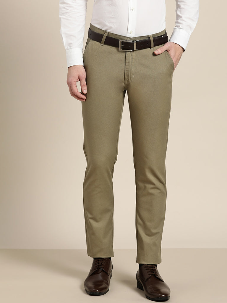 Men Khaki Smart Fit Mid Rise Formal Trouser