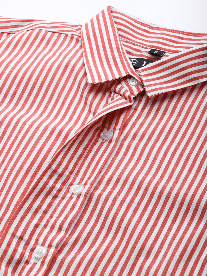 Women White & Red Stripes Pure Cotton Slim Fit Formal Shirt