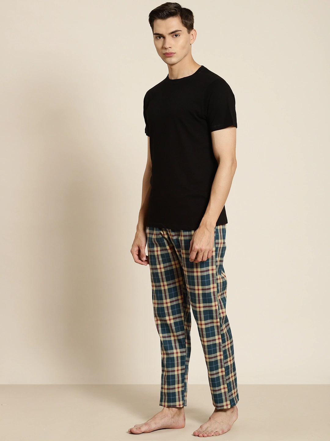Men Turquoise-Beige Checks Pure Cotton Relaxed Fit Casual Lounge Pant