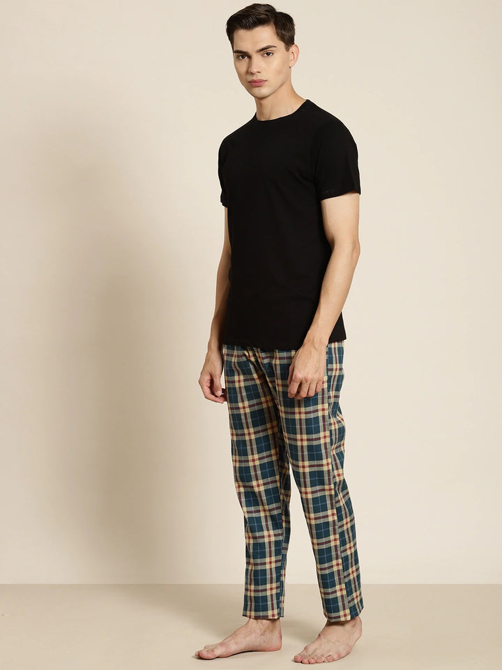 Men Turquoise-Beige Checks Pure Cotton Relaxed Fit Casual Lounge Pant