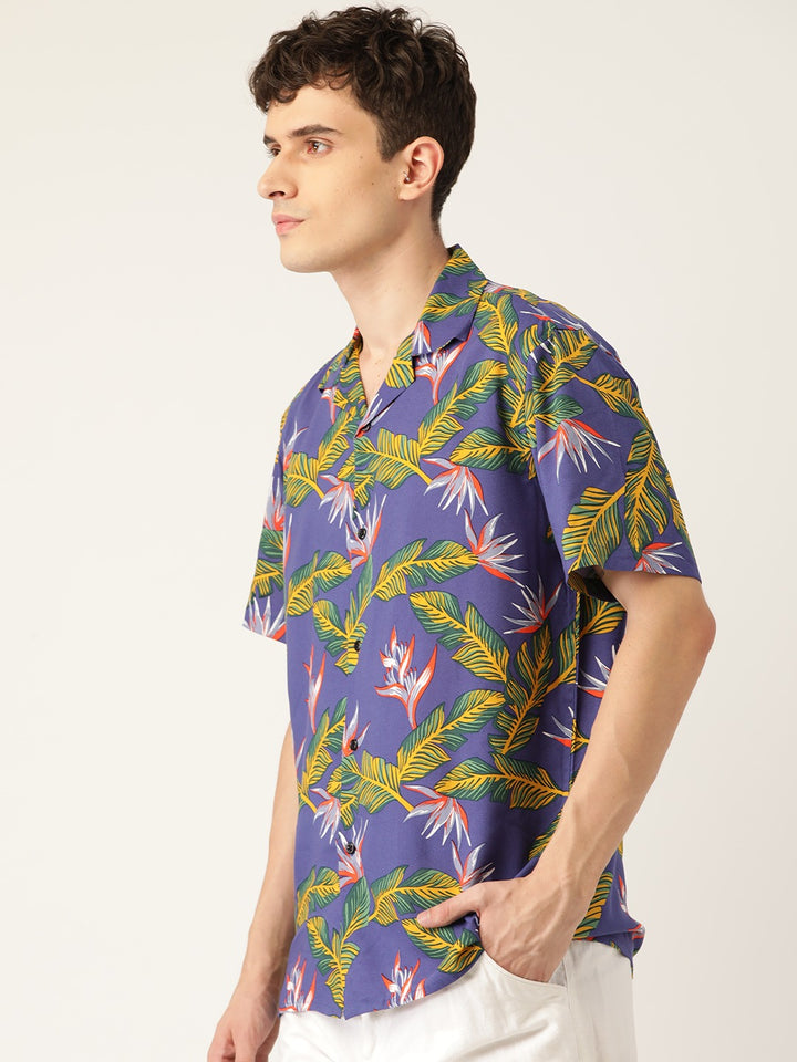 Men Blue & Yellow Printed Pure Cotton Relaxed Fit Casual Resort Shirt