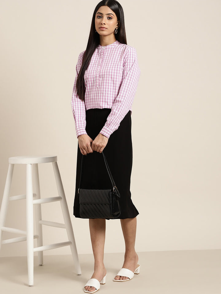 Women White & Pink Checked Pure Cotton Slim Fit Formal Top