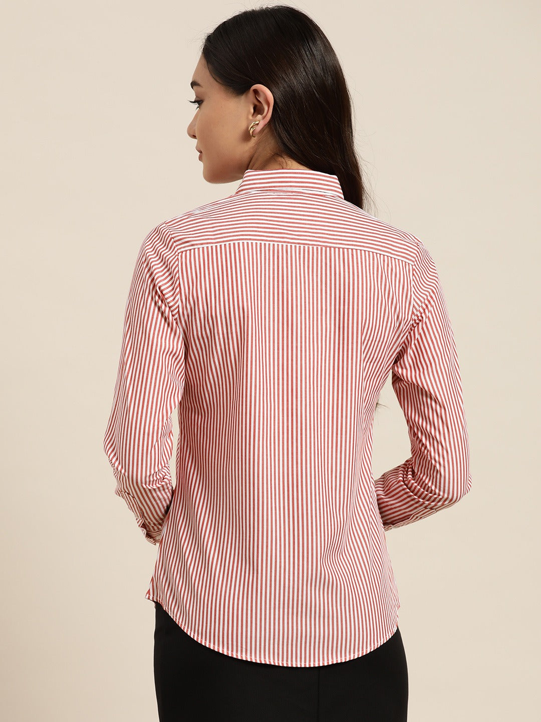 Women White & Red Stripes Pure Cotton Slim Fit Formal Shirt