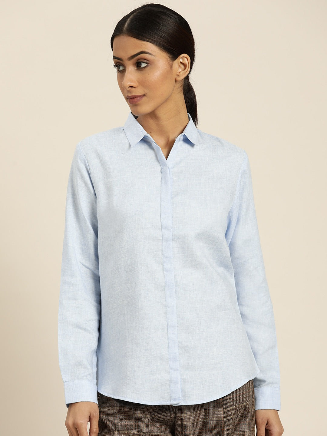 Women Blue Solids Pure Cotton Slim Fit Formal Shirt