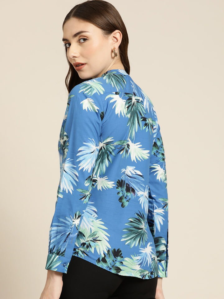 Women Blue Printed Pure Cotton Slim Fit Formal Top