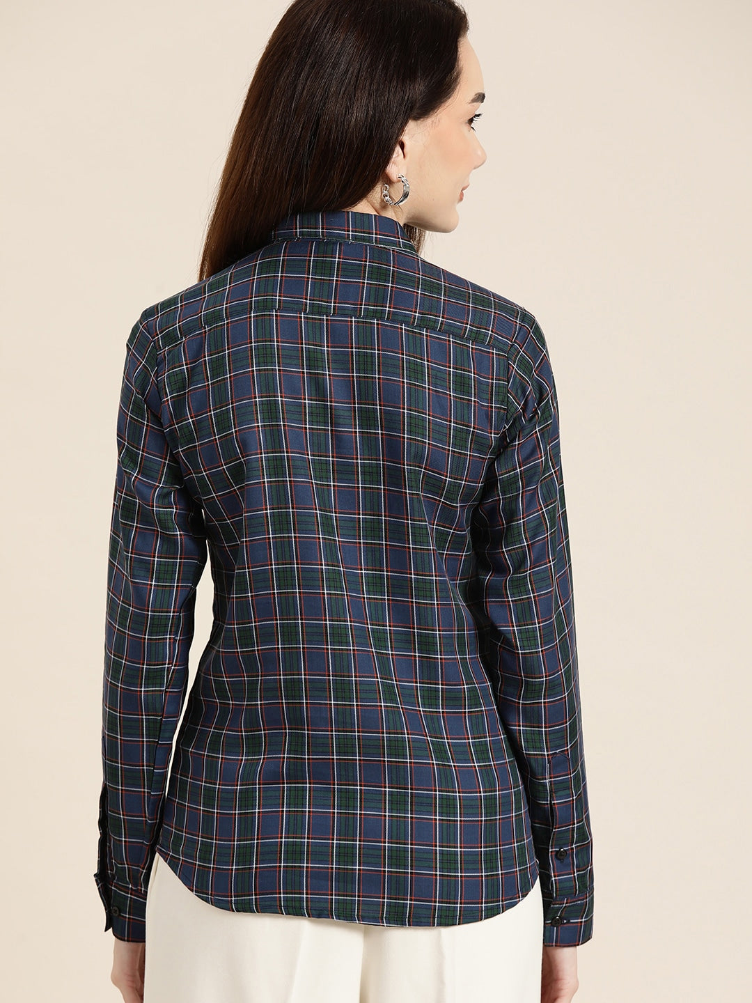 Women Green & Navy Checked Pure Cotton Slim Fit Formal Shirt