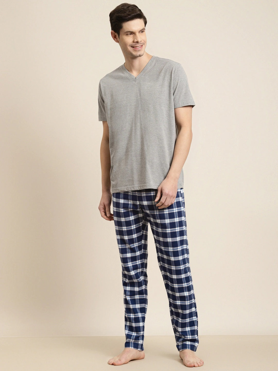 Men Navy-White Checks Pure Cotton Relaxed Fit Casual Lounge Pant