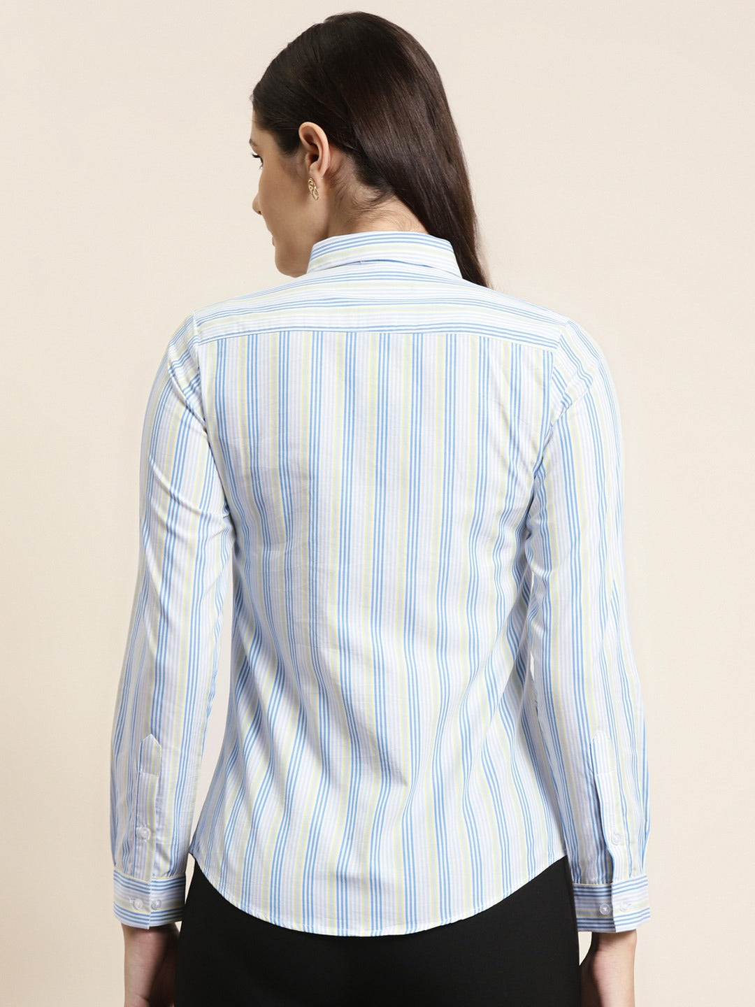 Women White & Blue Stripes Pure Cotton Slim Fit Formal Shirt