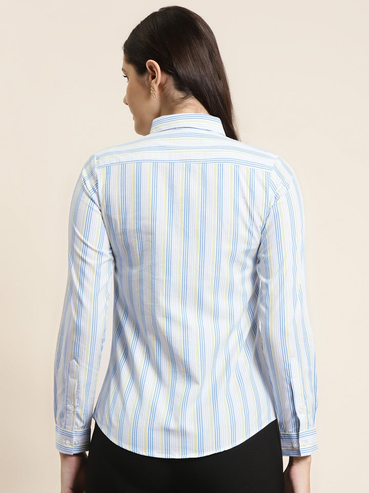 Women White & Blue Stripes Pure Cotton Slim Fit Formal Shirt
